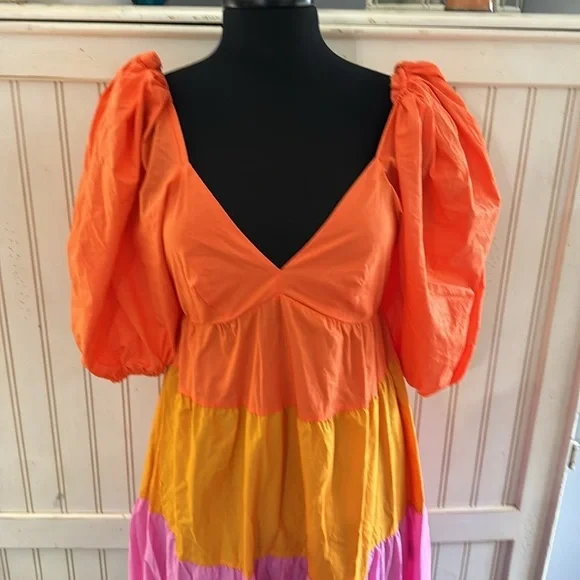 Farm Rio Anthropologie Puff Sleeve Ruffled Tier Color block Maxi Dress - Picture 4 of 15